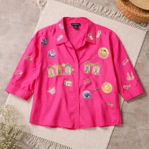 Las Olas 1X Hot Pink Long Sleeve Button Up Shirt Embroidered‎ Summer Theme Vtg